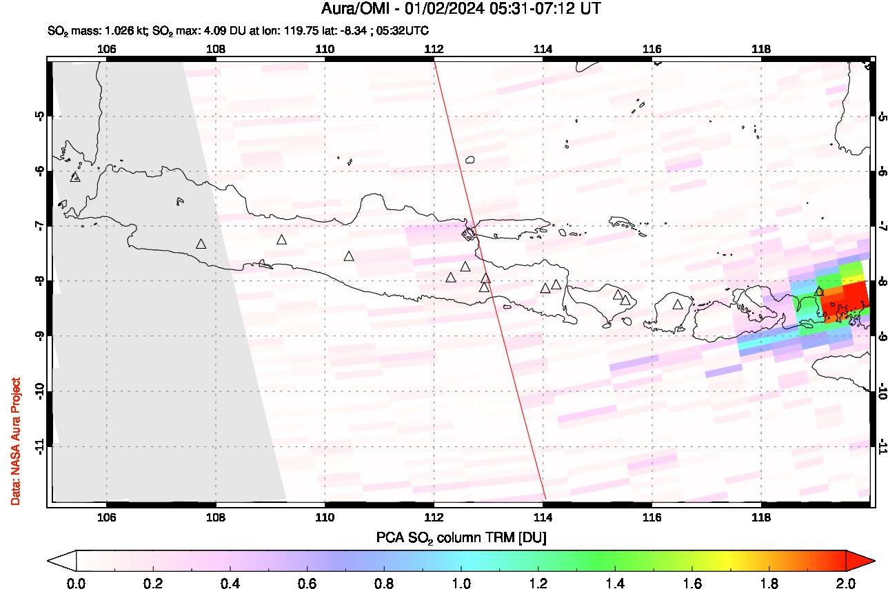 A sulfur dioxide image over Java, Indonesia on Jan 02, 2024.