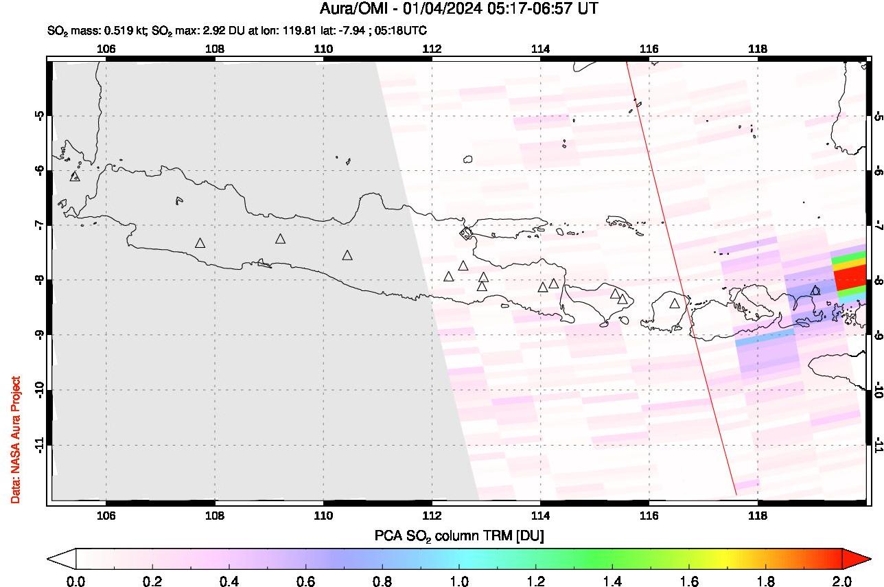 A sulfur dioxide image over Java, Indonesia on Jan 04, 2024.