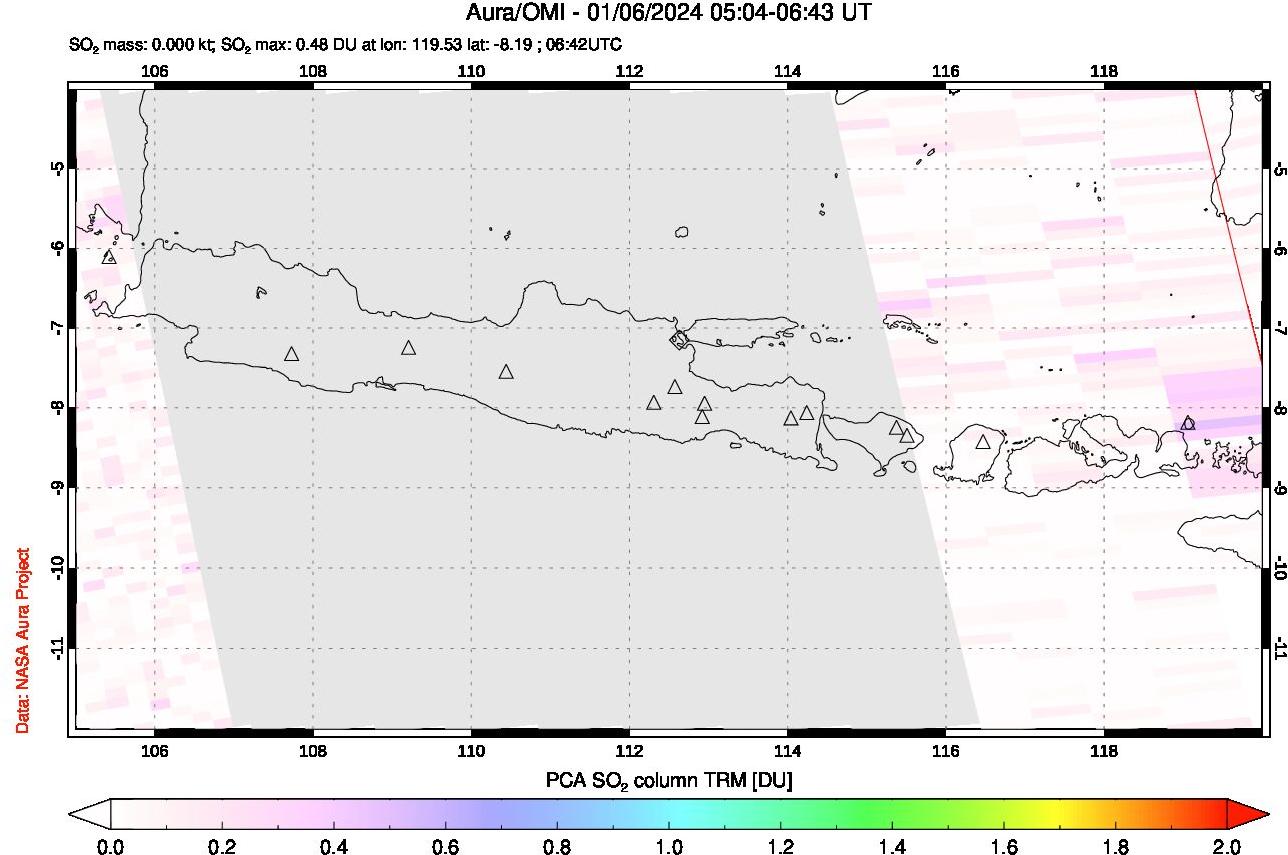 A sulfur dioxide image over Java, Indonesia on Jan 06, 2024.