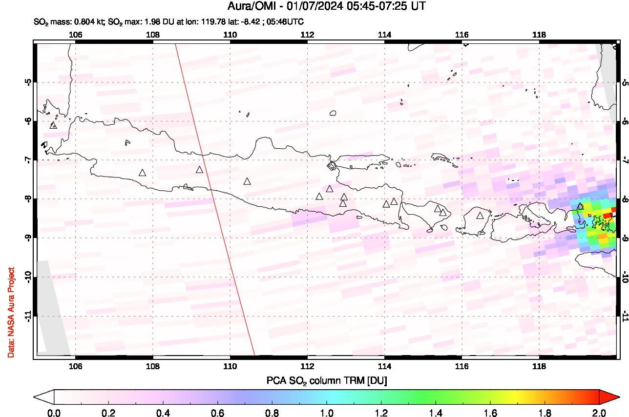 A sulfur dioxide image over Java, Indonesia on Jan 07, 2024.