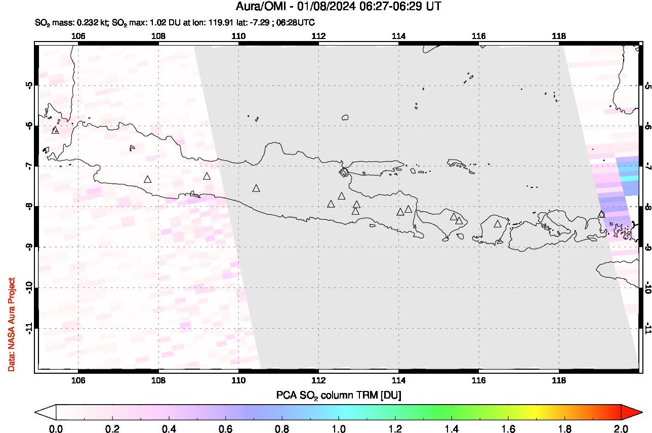 A sulfur dioxide image over Java, Indonesia on Jan 08, 2024.