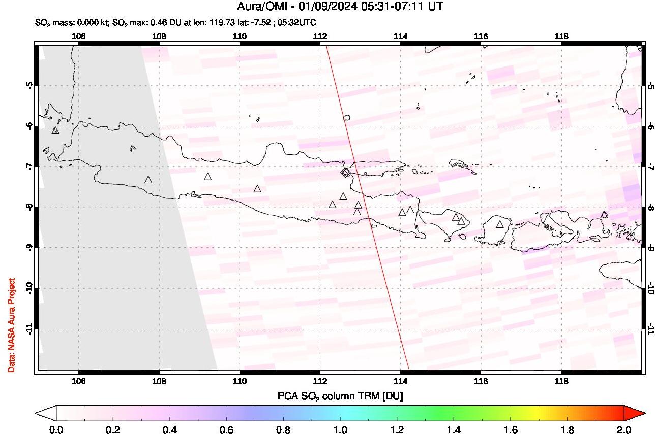 A sulfur dioxide image over Java, Indonesia on Jan 09, 2024.