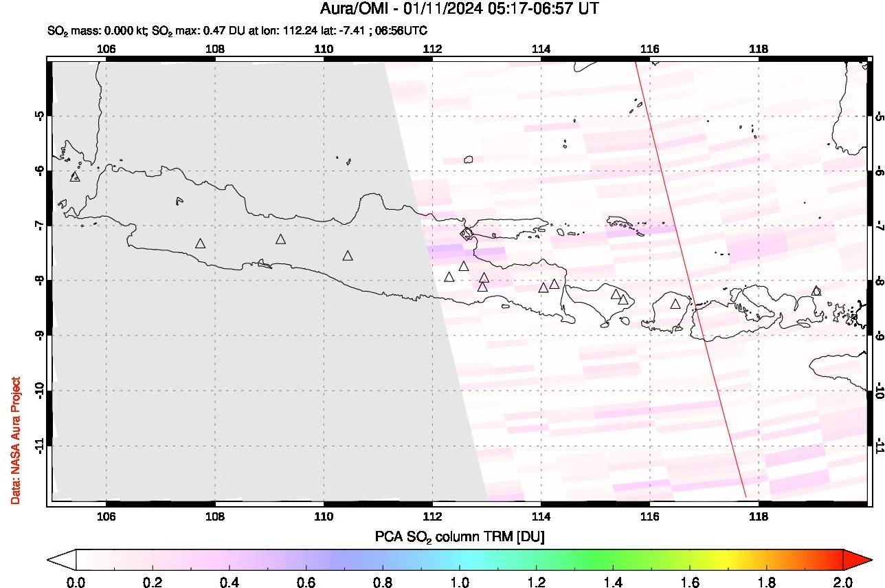 A sulfur dioxide image over Java, Indonesia on Jan 11, 2024.