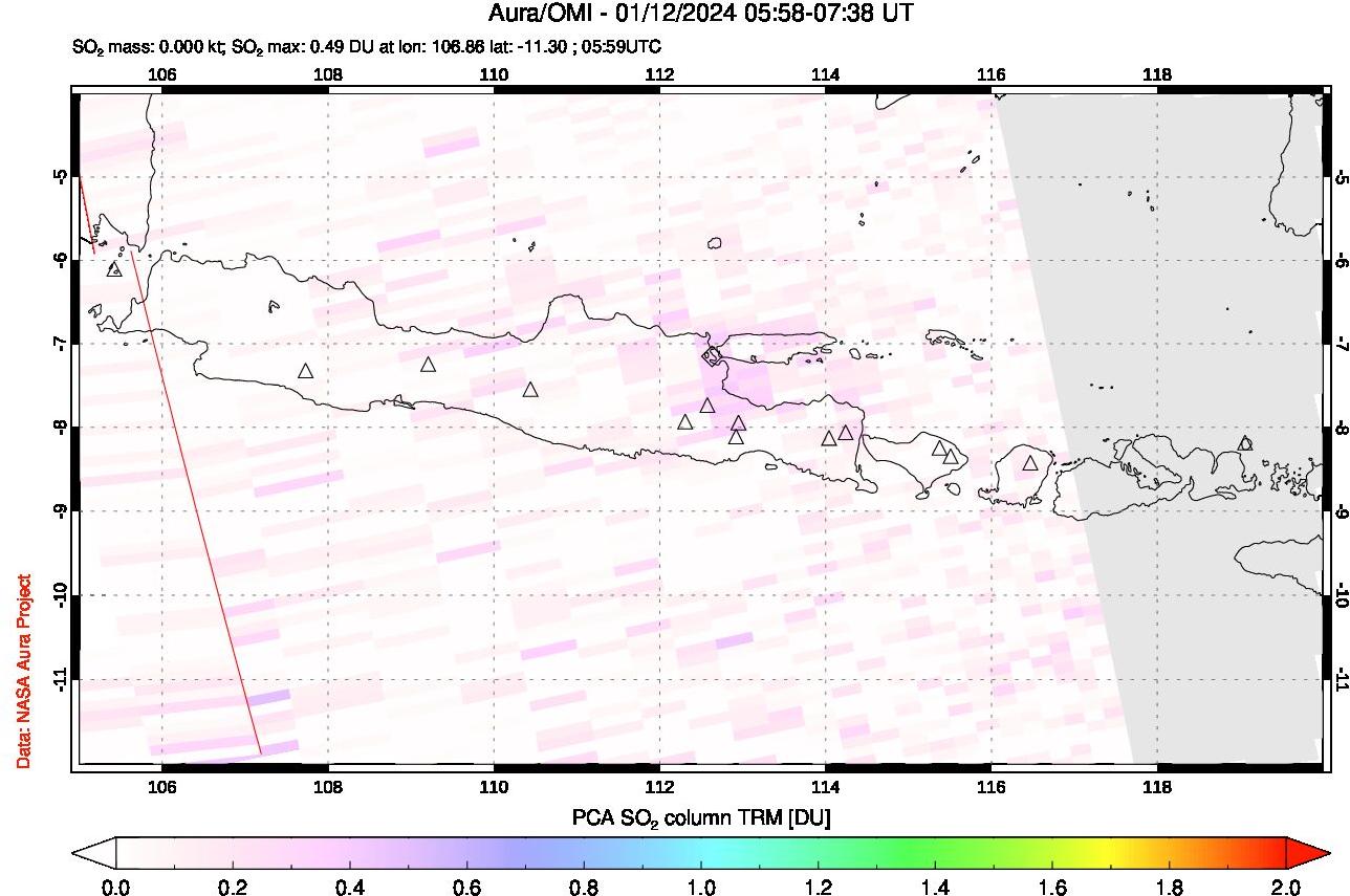 A sulfur dioxide image over Java, Indonesia on Jan 12, 2024.