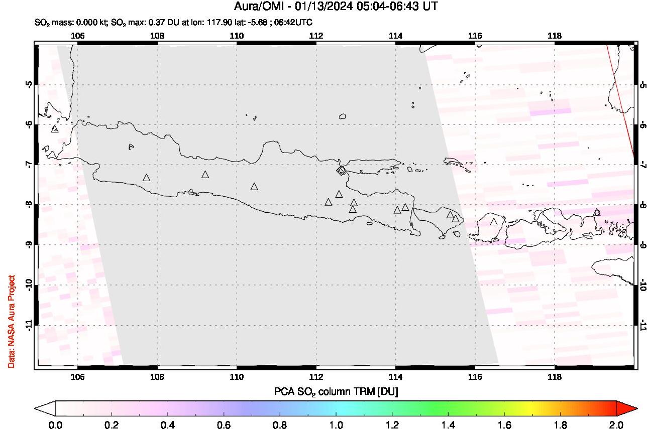 A sulfur dioxide image over Java, Indonesia on Jan 13, 2024.