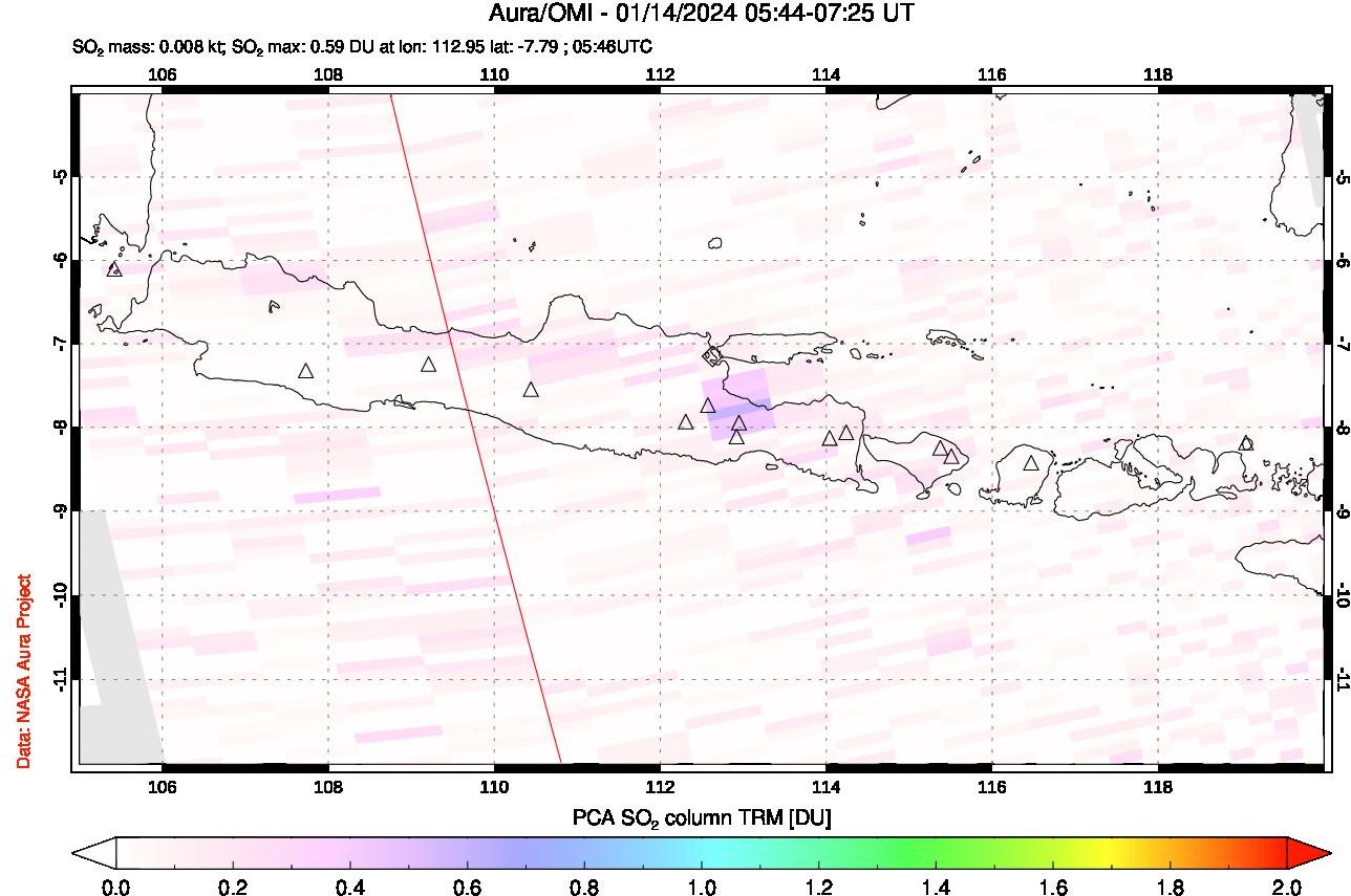 A sulfur dioxide image over Java, Indonesia on Jan 14, 2024.