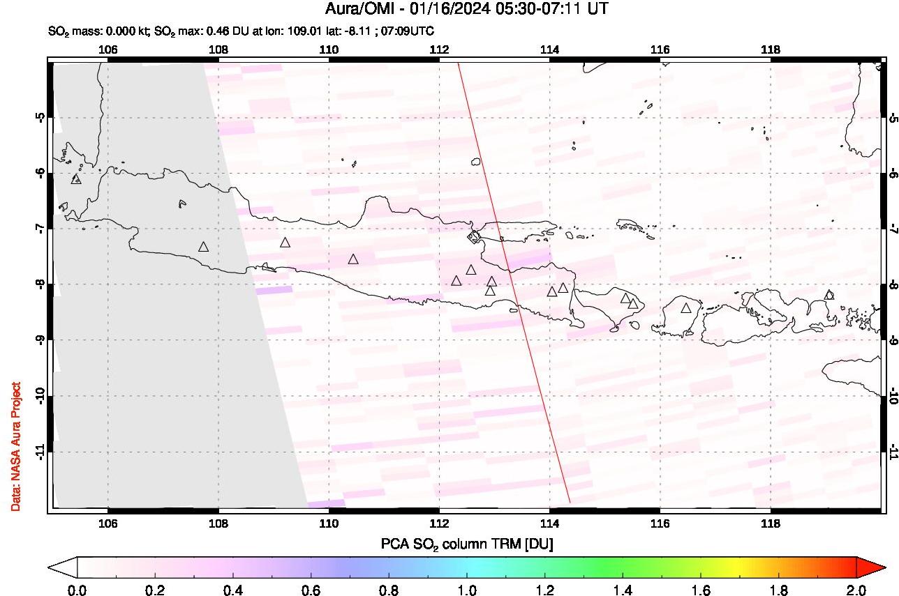 A sulfur dioxide image over Java, Indonesia on Jan 16, 2024.