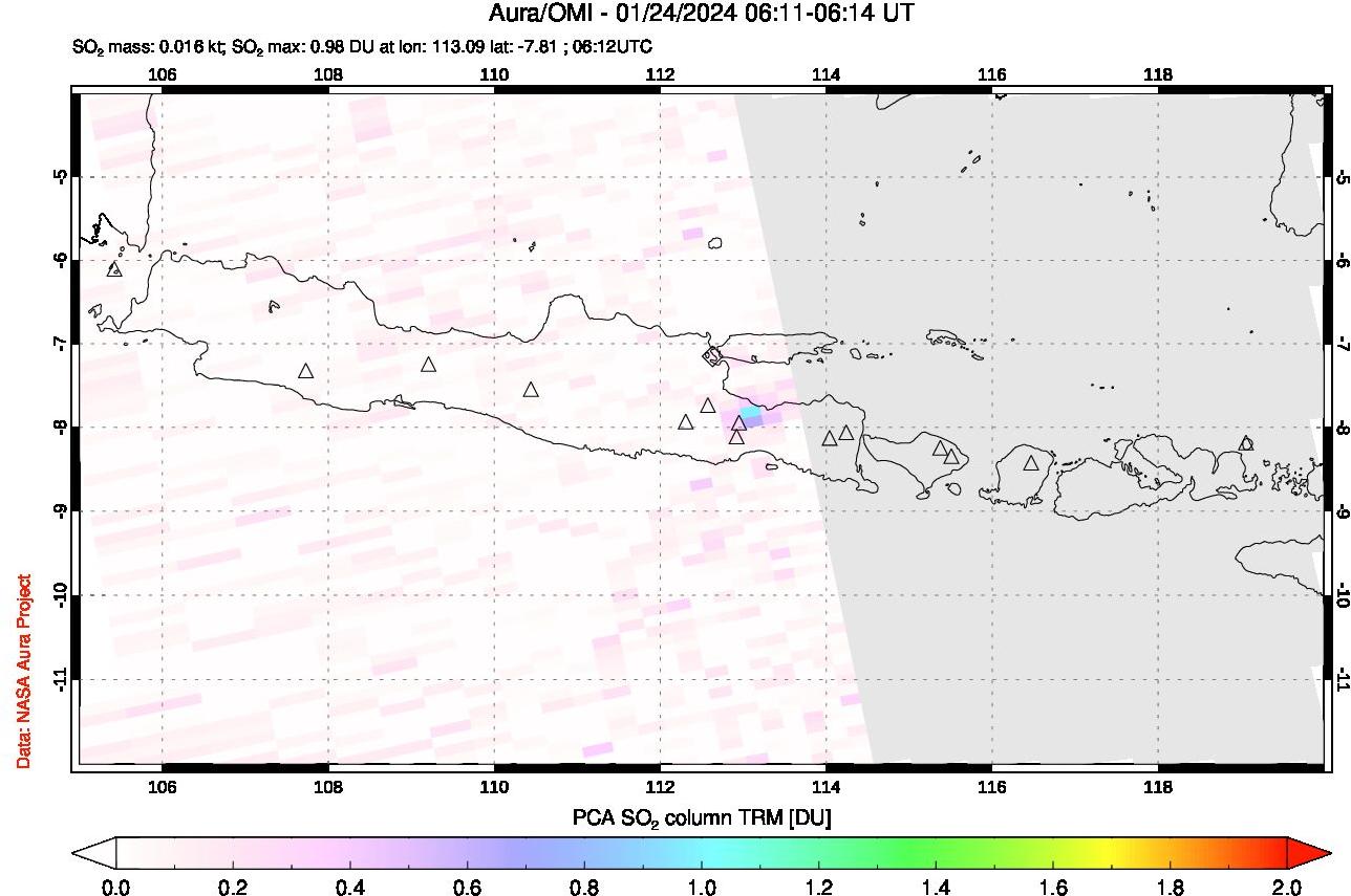 A sulfur dioxide image over Java, Indonesia on Jan 24, 2024.