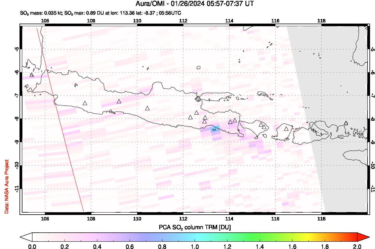 A sulfur dioxide image over Java, Indonesia on Jan 26, 2024.