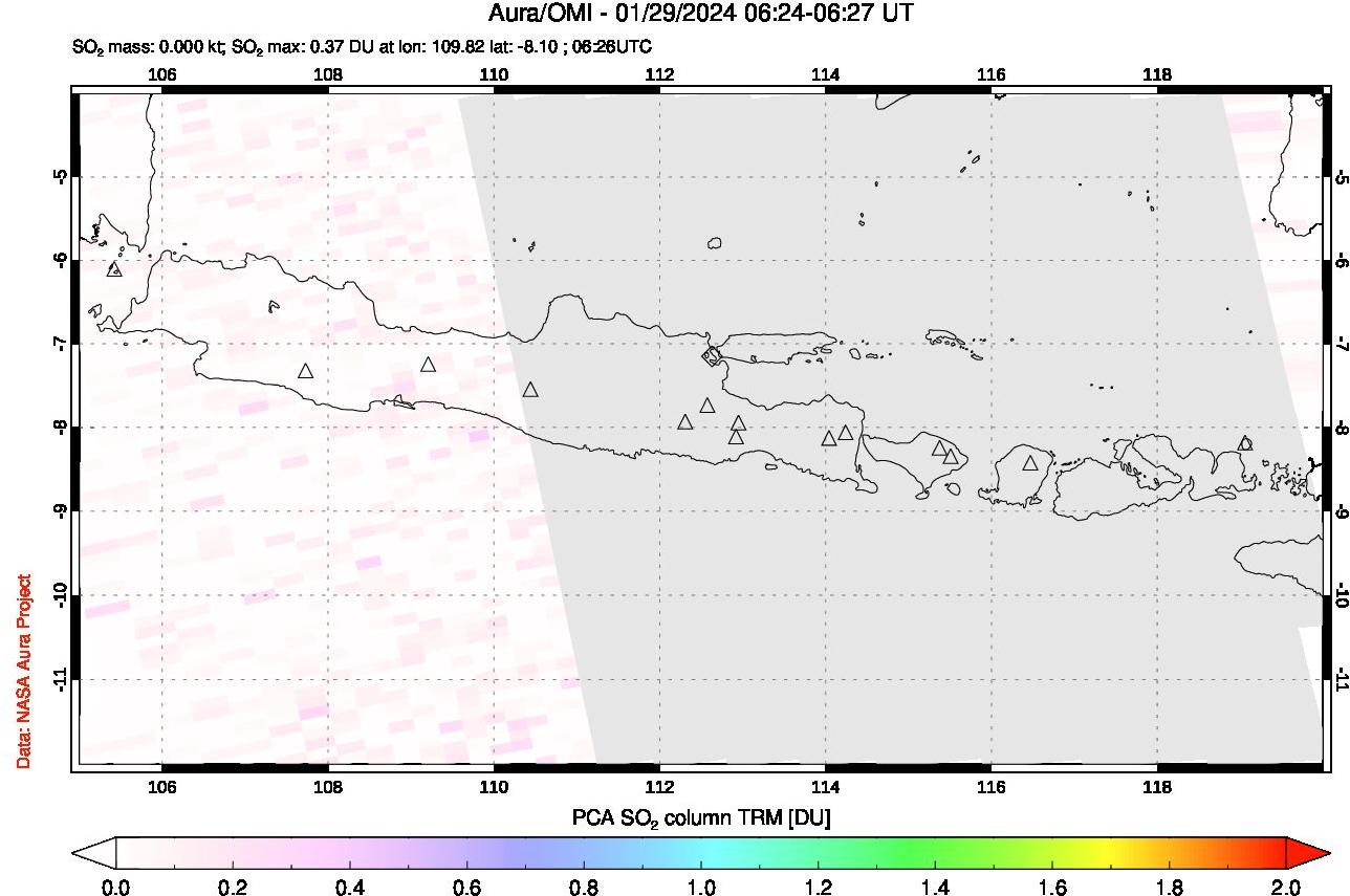 A sulfur dioxide image over Java, Indonesia on Jan 29, 2024.