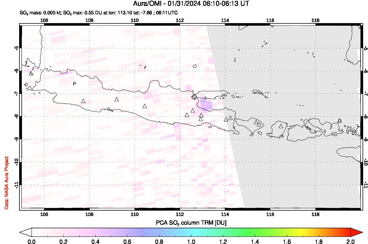A sulfur dioxide image over Java, Indonesia on Jan 31, 2024.