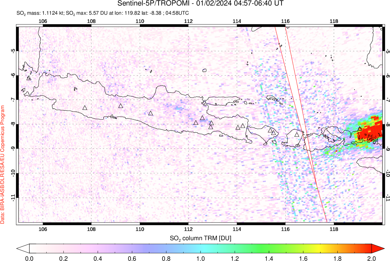 A sulfur dioxide image over Java, Indonesia on Jan 02, 2024.