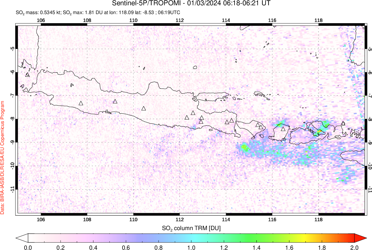 A sulfur dioxide image over Java, Indonesia on Jan 03, 2024.