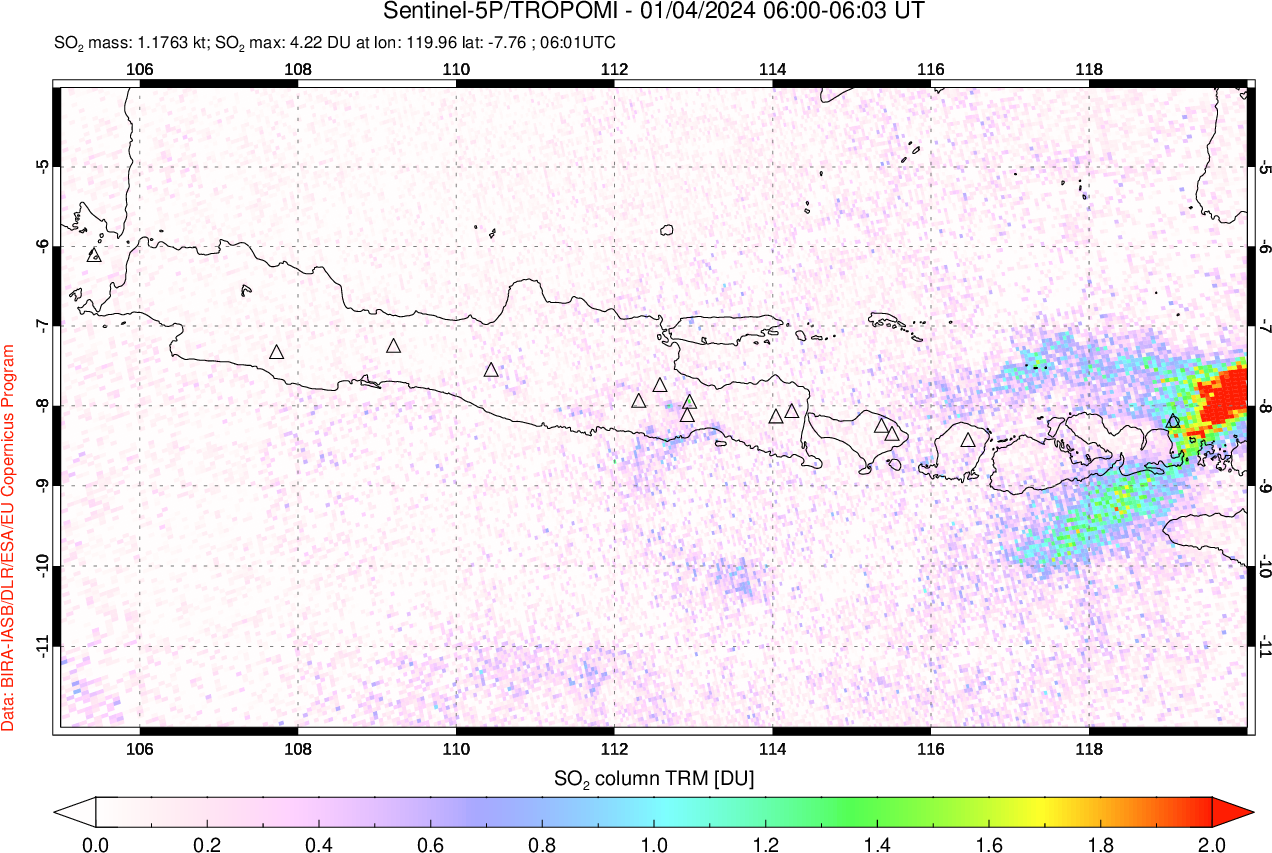 A sulfur dioxide image over Java, Indonesia on Jan 04, 2024.