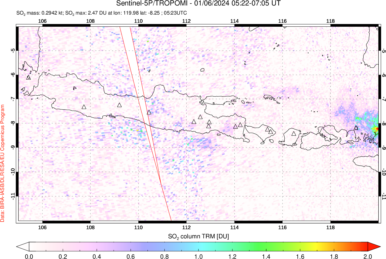 A sulfur dioxide image over Java, Indonesia on Jan 06, 2024.