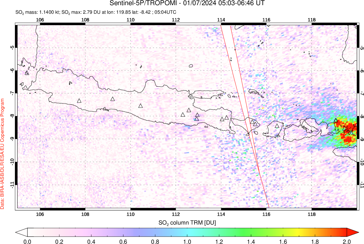 A sulfur dioxide image over Java, Indonesia on Jan 07, 2024.