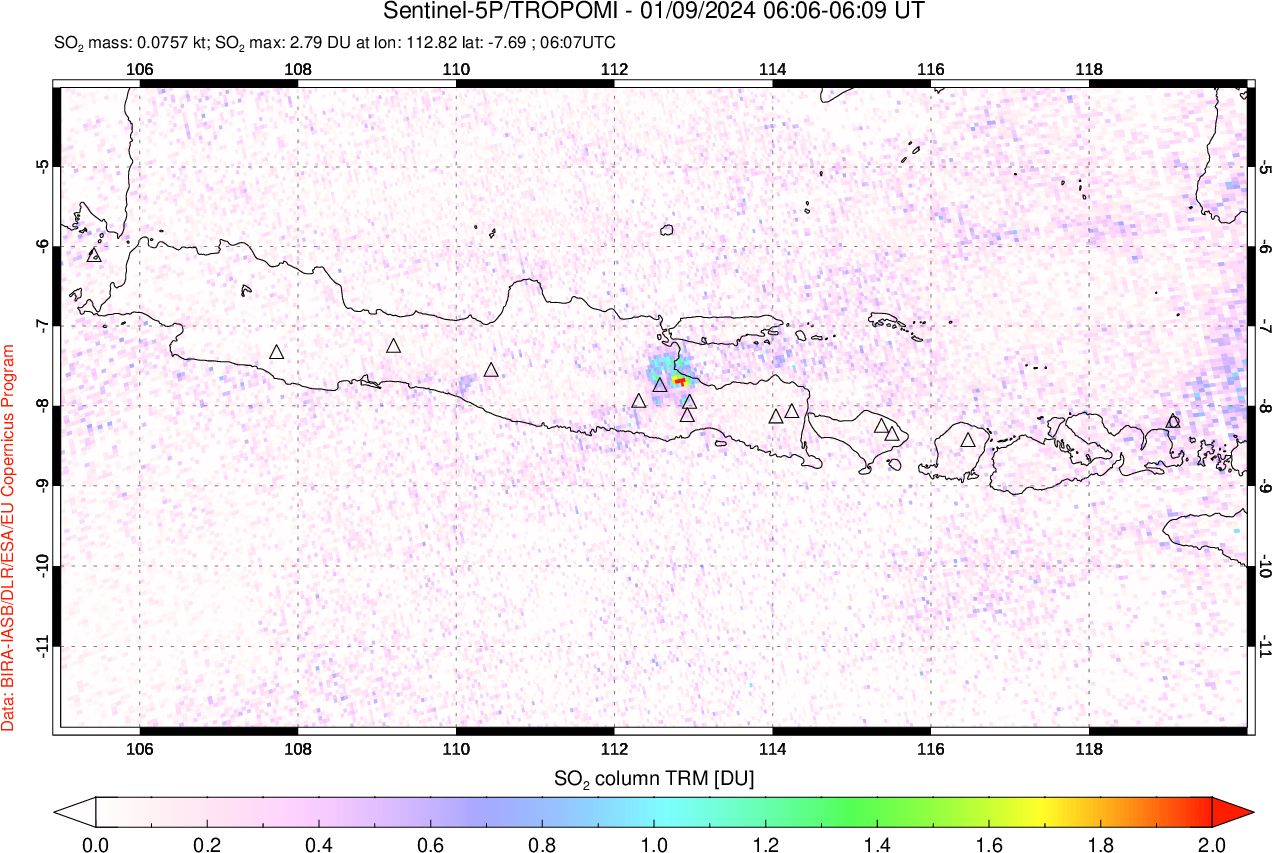 A sulfur dioxide image over Java, Indonesia on Jan 09, 2024.