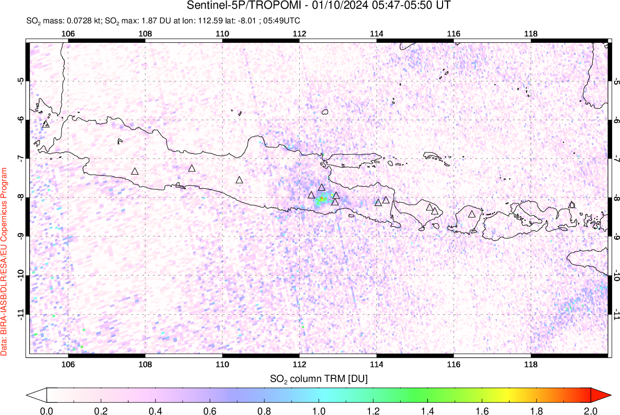 A sulfur dioxide image over Java, Indonesia on Jan 10, 2024.
