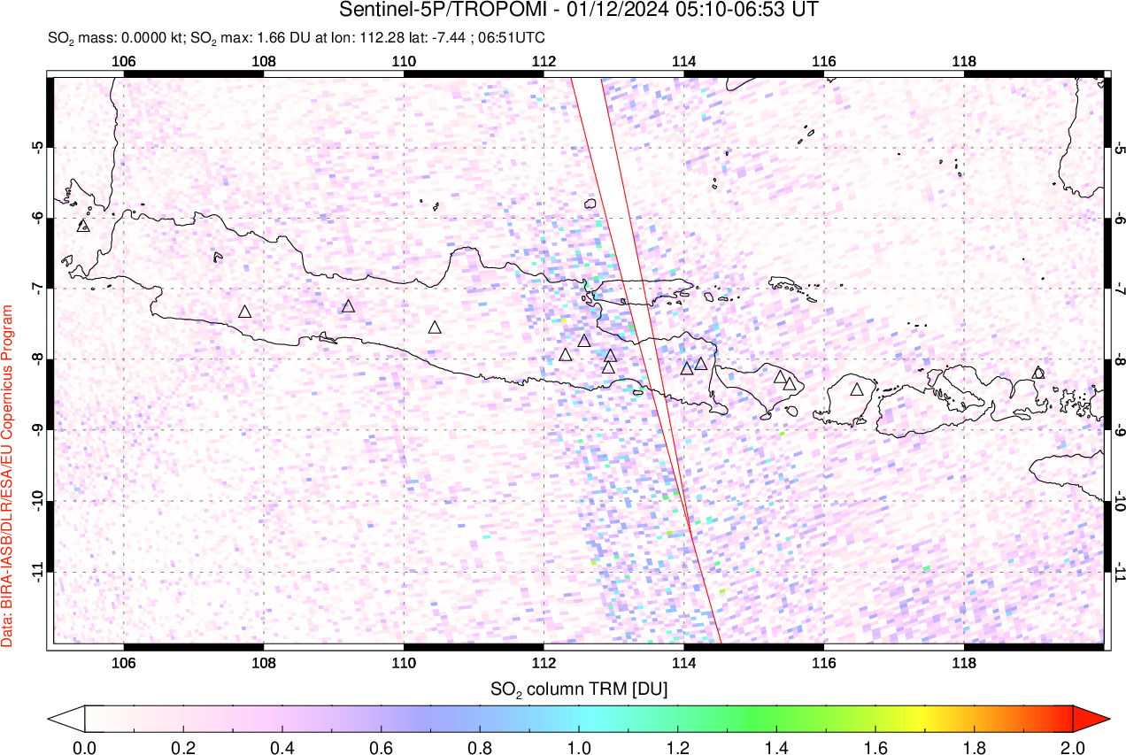 A sulfur dioxide image over Java, Indonesia on Jan 12, 2024.