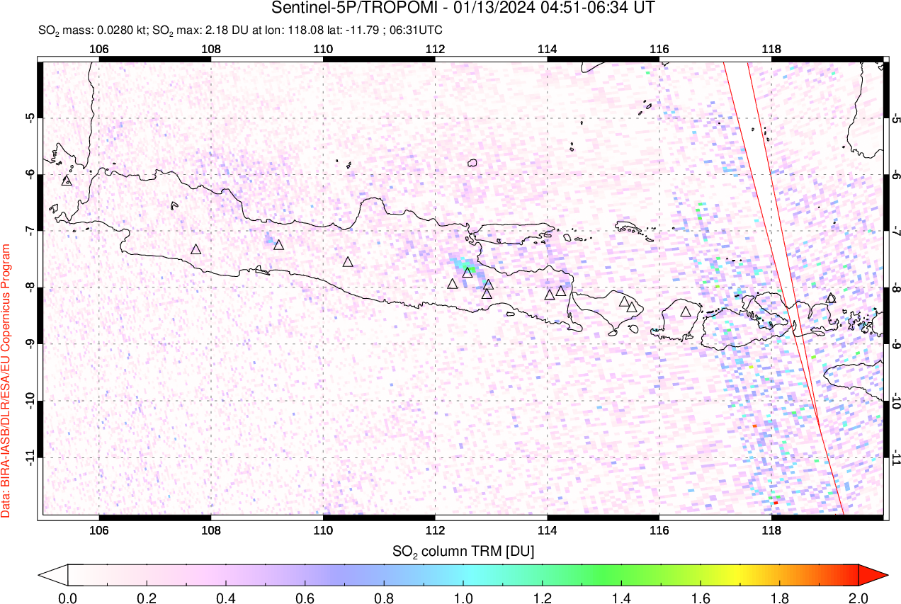 A sulfur dioxide image over Java, Indonesia on Jan 13, 2024.