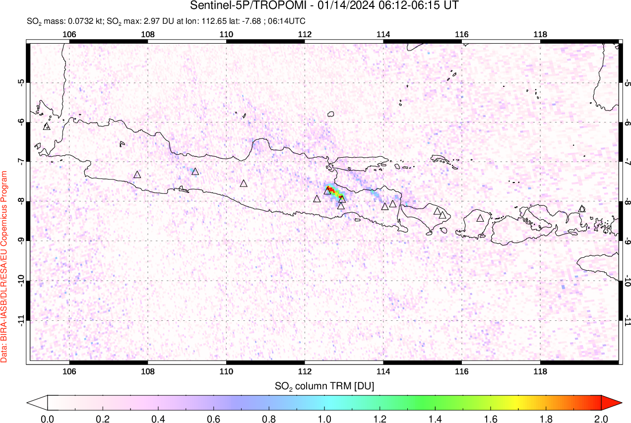 A sulfur dioxide image over Java, Indonesia on Jan 14, 2024.