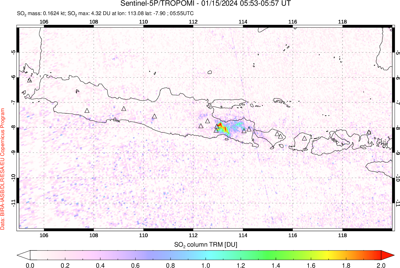 A sulfur dioxide image over Java, Indonesia on Jan 15, 2024.