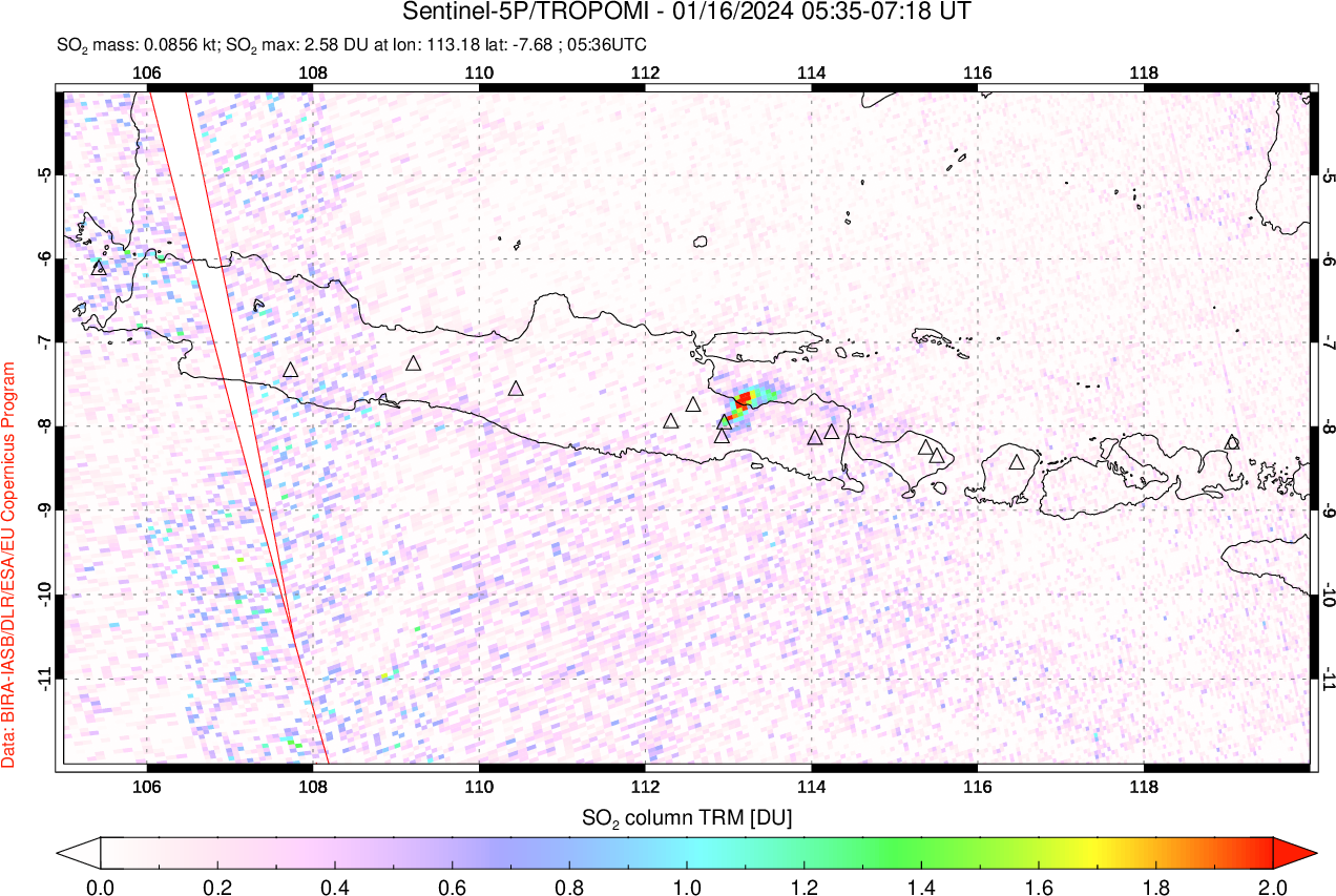 A sulfur dioxide image over Java, Indonesia on Jan 16, 2024.