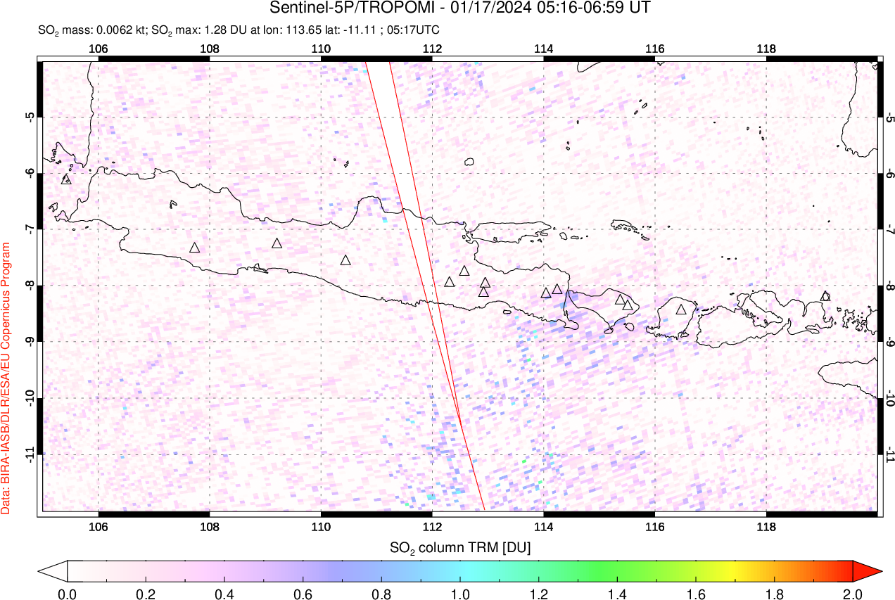 A sulfur dioxide image over Java, Indonesia on Jan 17, 2024.