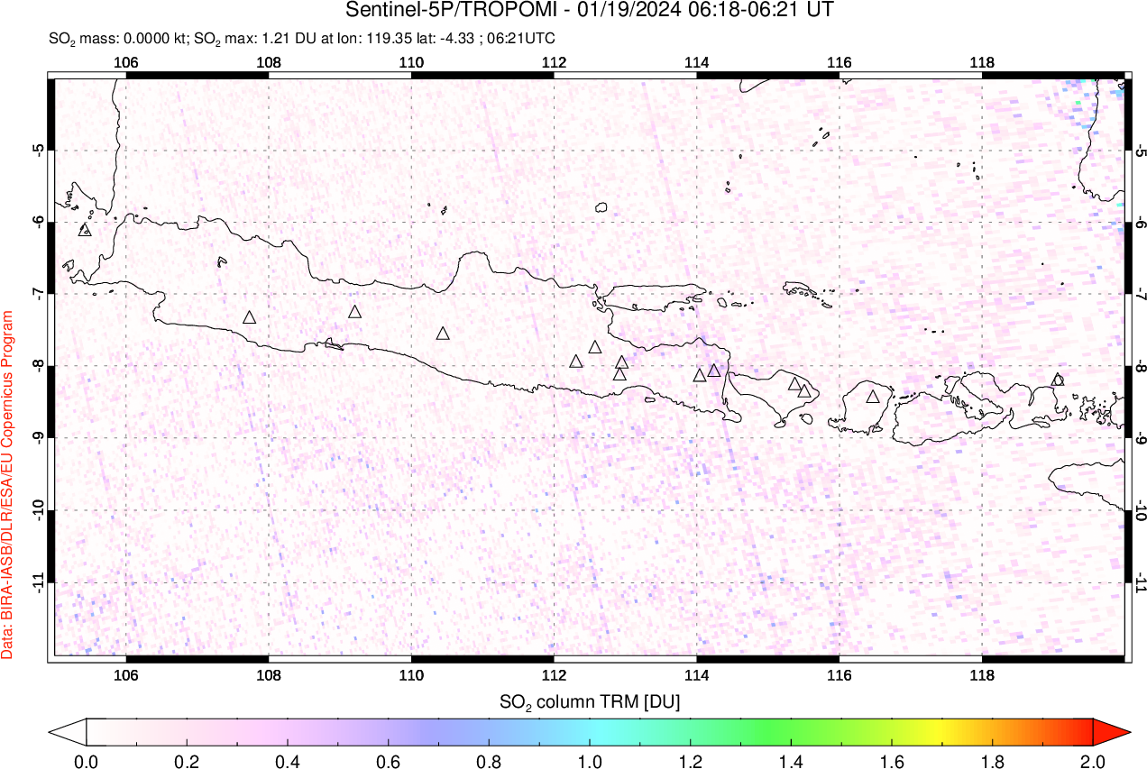 A sulfur dioxide image over Java, Indonesia on Jan 19, 2024.