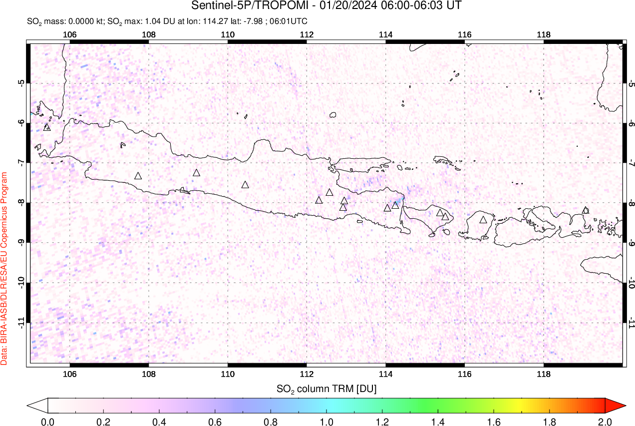 A sulfur dioxide image over Java, Indonesia on Jan 20, 2024.