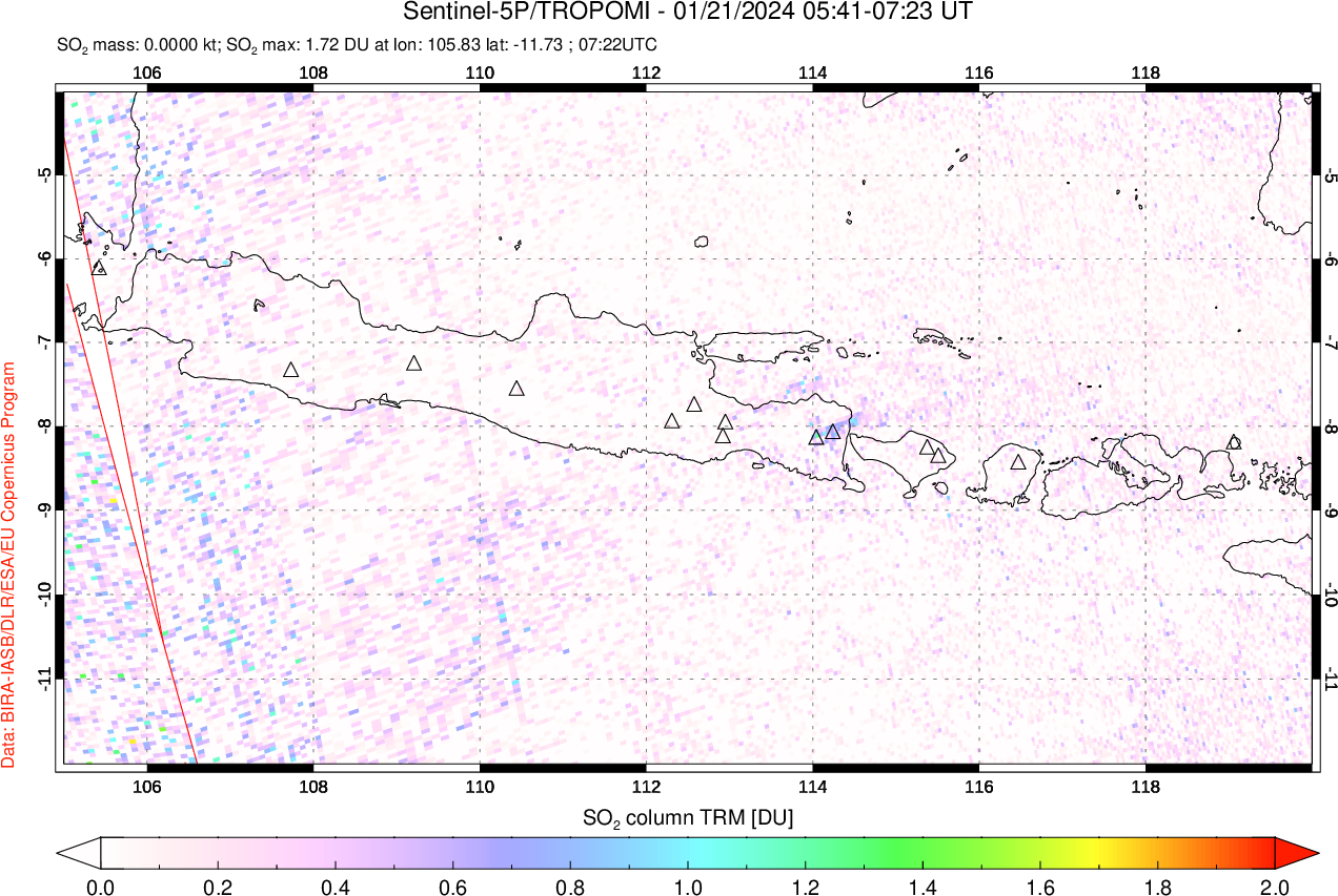A sulfur dioxide image over Java, Indonesia on Jan 21, 2024.