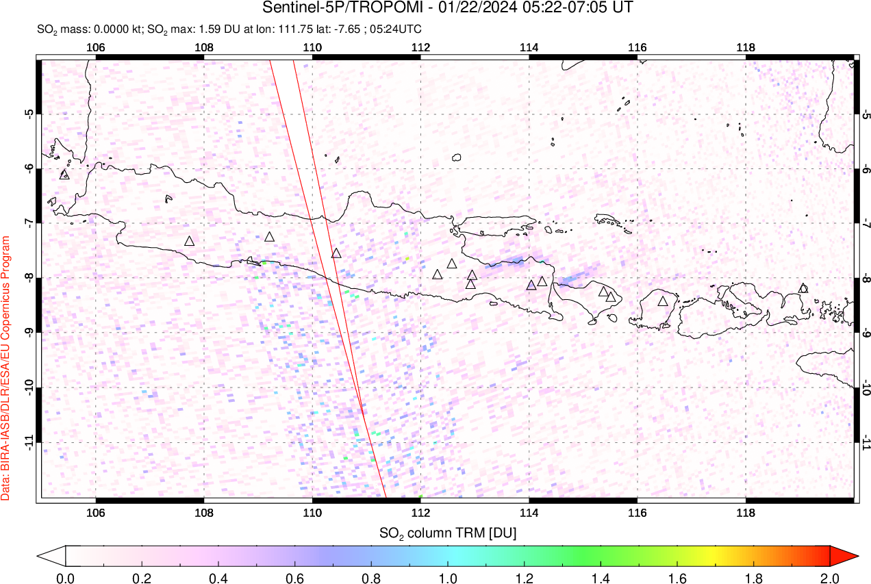 A sulfur dioxide image over Java, Indonesia on Jan 22, 2024.