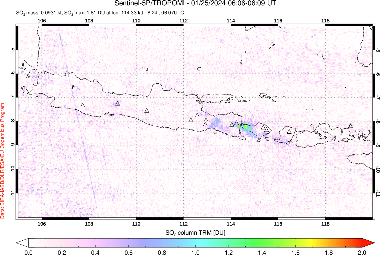 A sulfur dioxide image over Java, Indonesia on Jan 25, 2024.