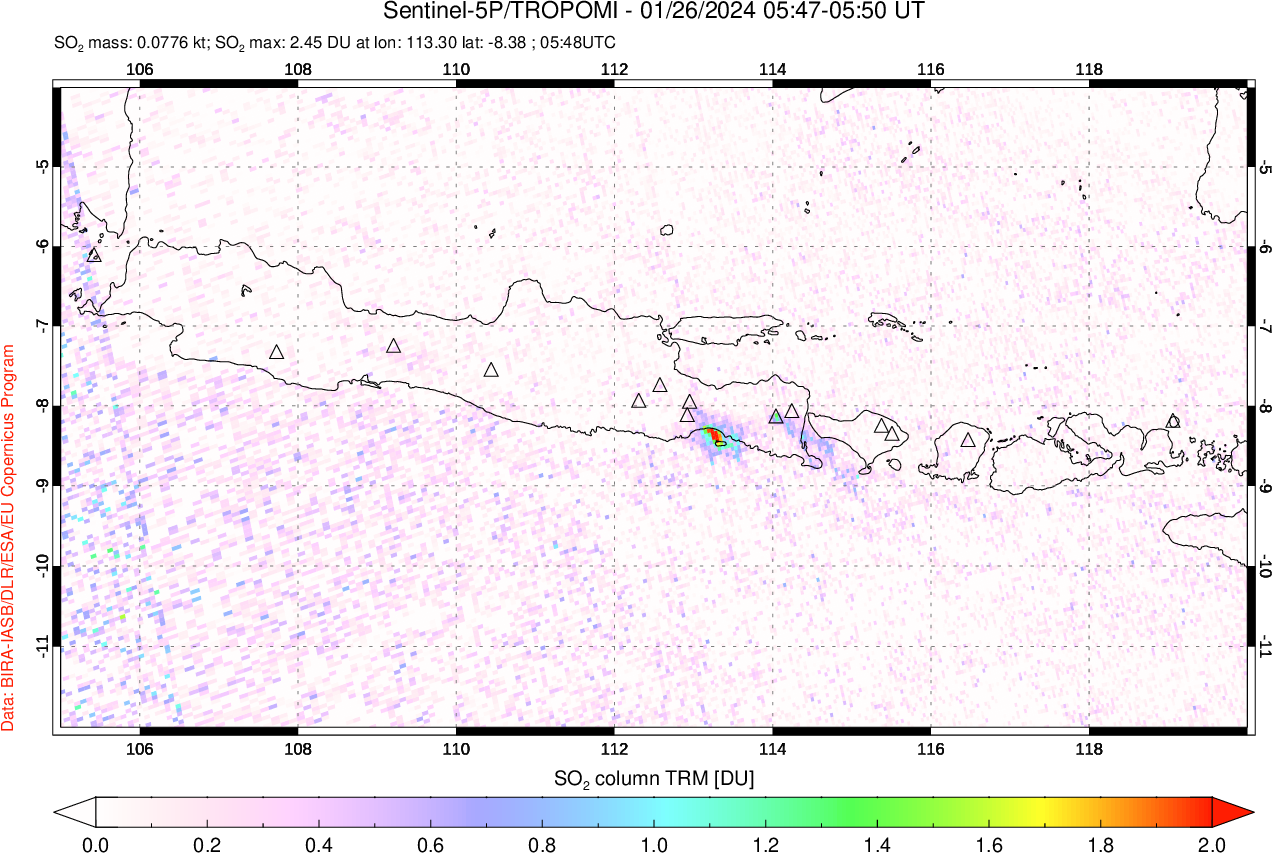 A sulfur dioxide image over Java, Indonesia on Jan 26, 2024.