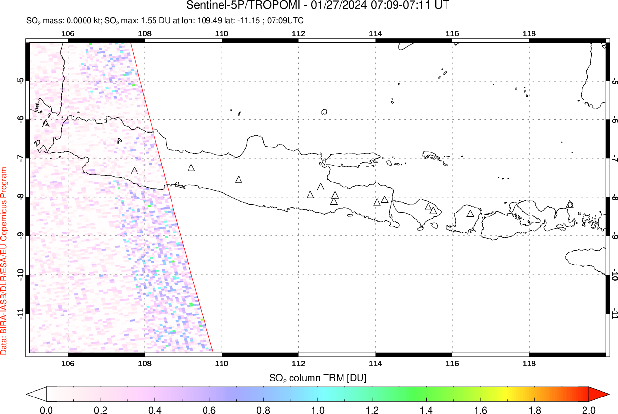 A sulfur dioxide image over Java, Indonesia on Jan 27, 2024.