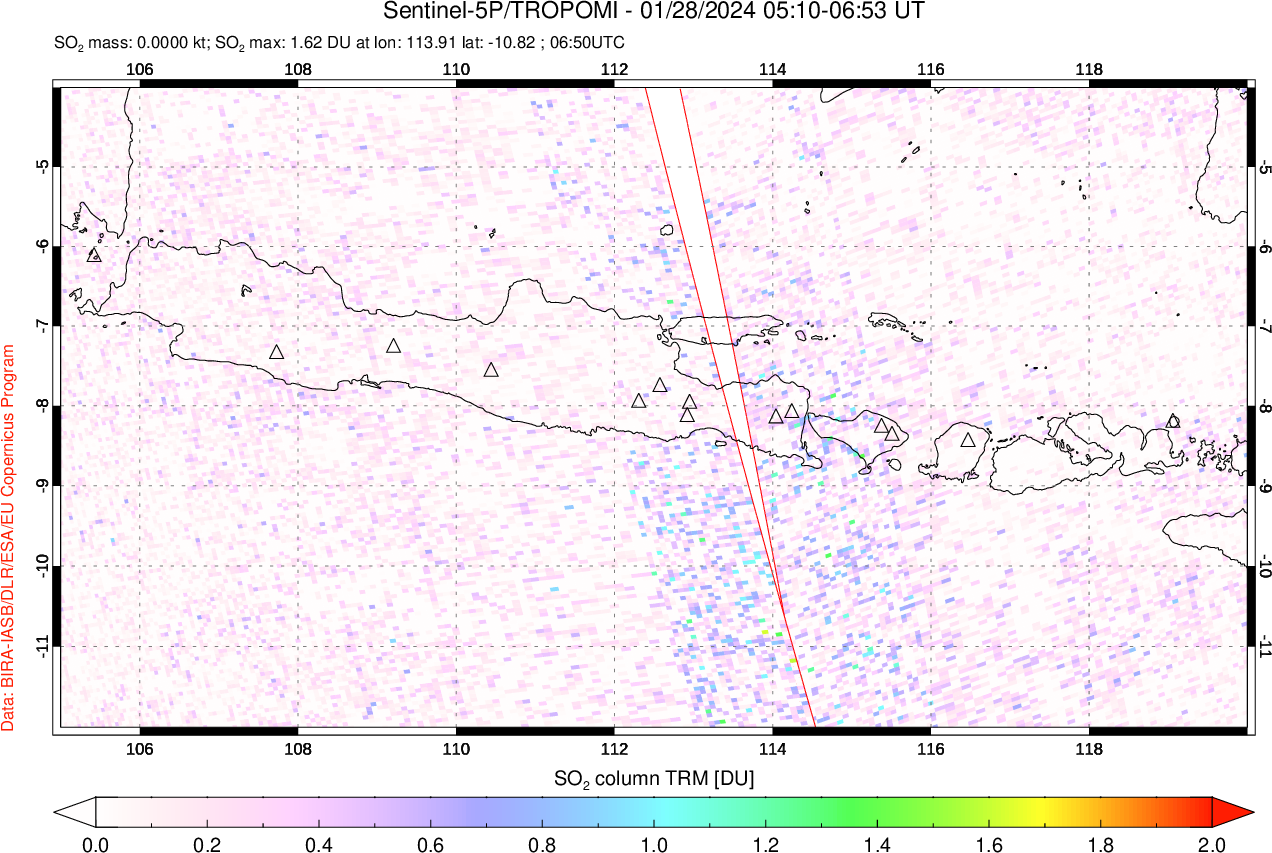 A sulfur dioxide image over Java, Indonesia on Jan 28, 2024.