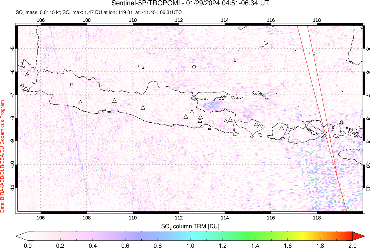 A sulfur dioxide image over Java, Indonesia on Jan 29, 2024.