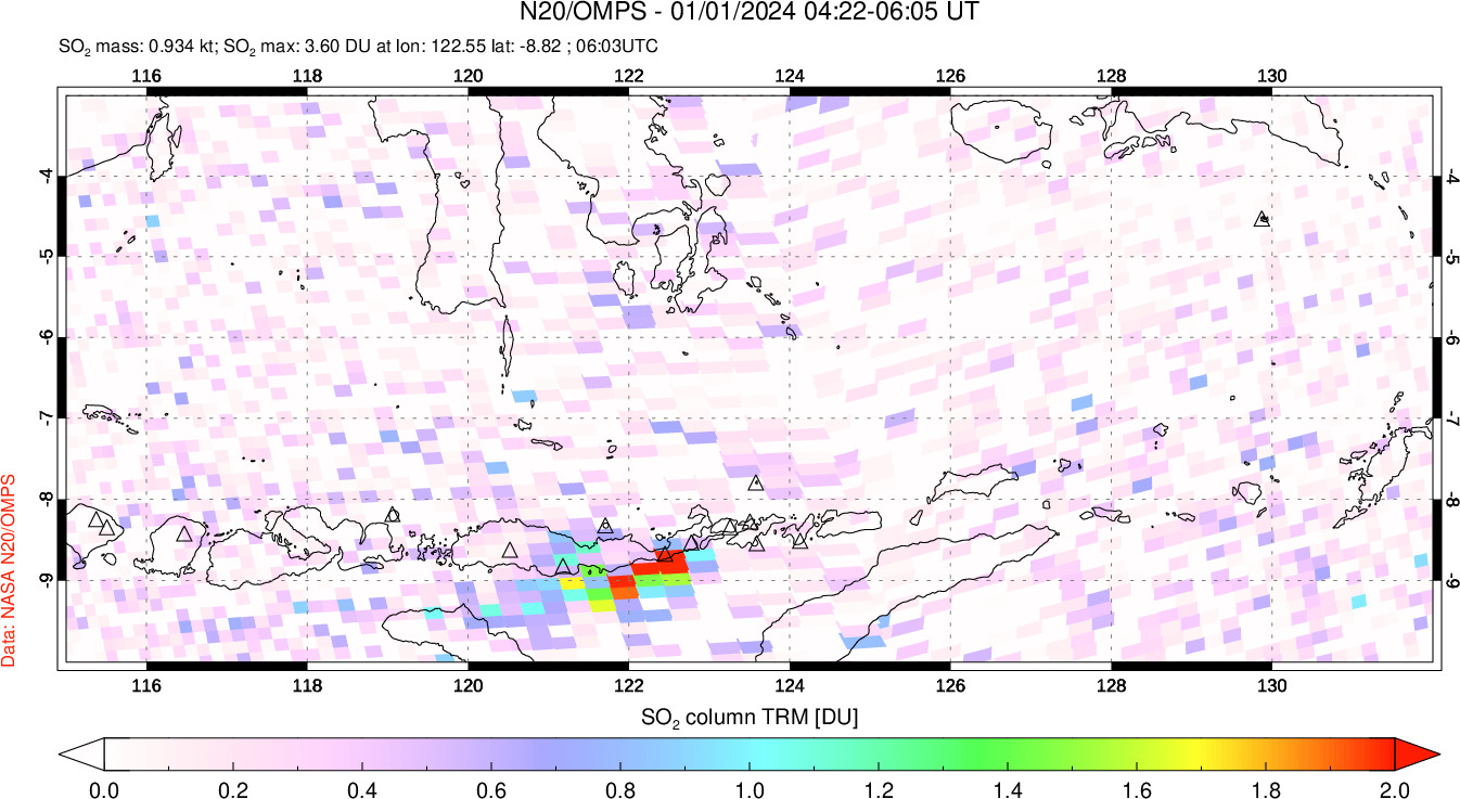 A sulfur dioxide image over Lesser Sunda Islands, Indonesia on Jan 01, 2024.