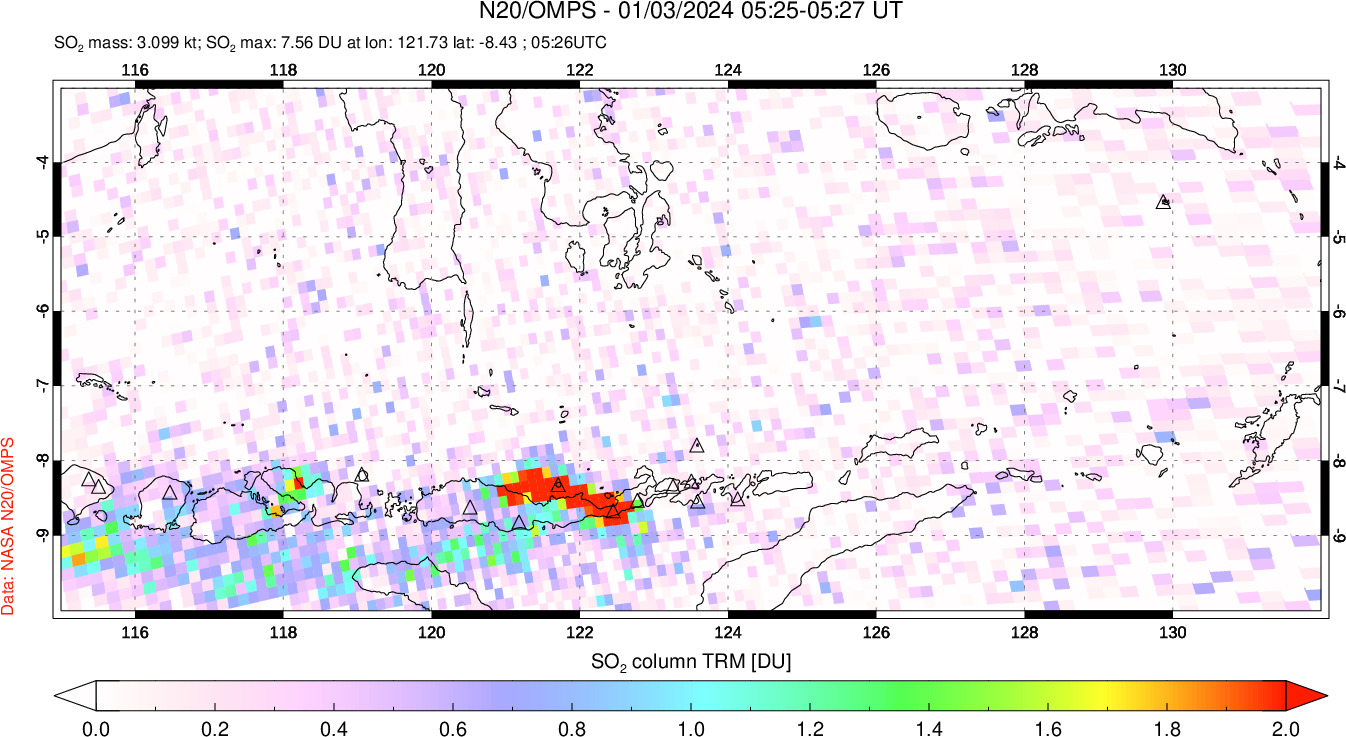 A sulfur dioxide image over Lesser Sunda Islands, Indonesia on Jan 03, 2024.