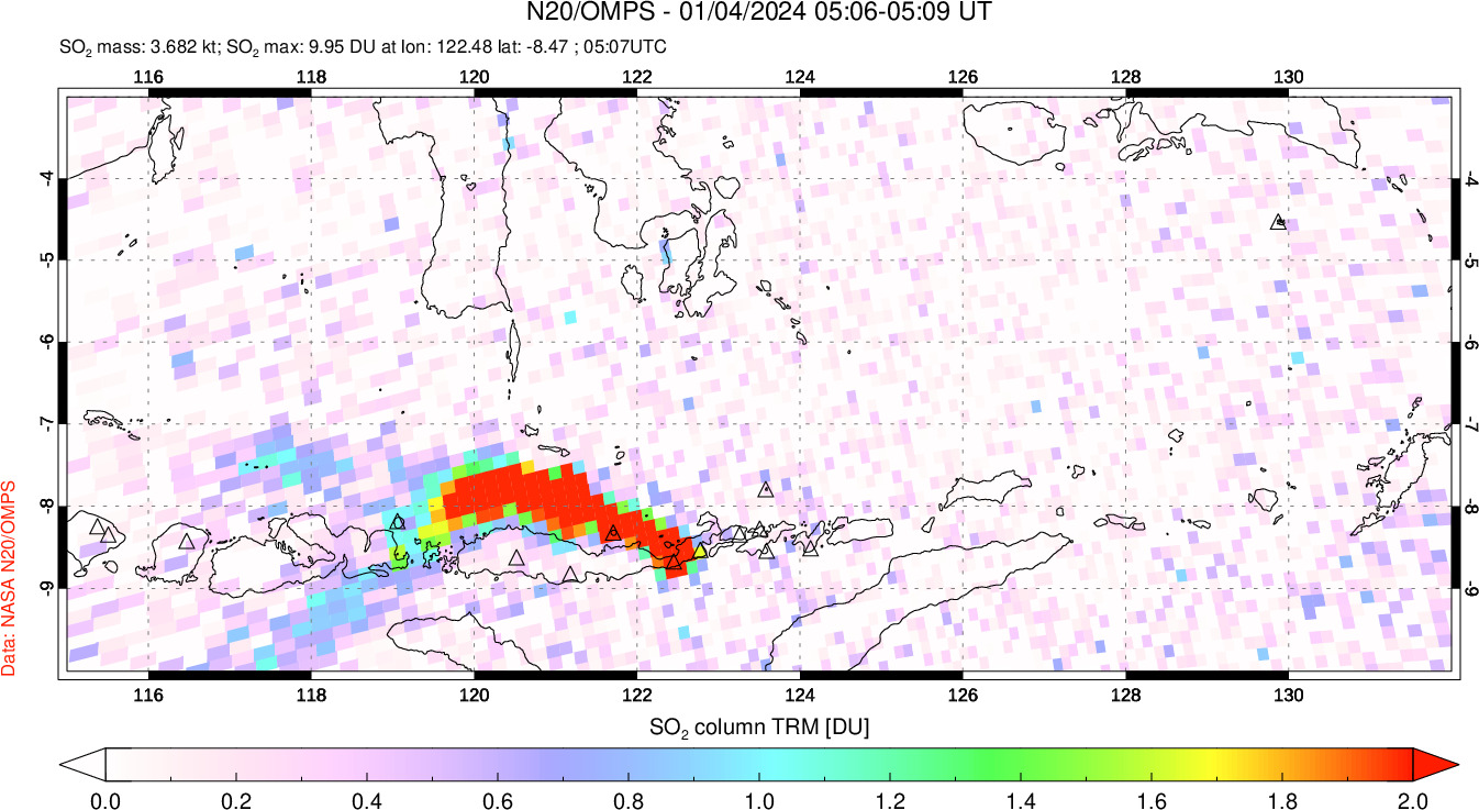 A sulfur dioxide image over Lesser Sunda Islands, Indonesia on Jan 04, 2024.