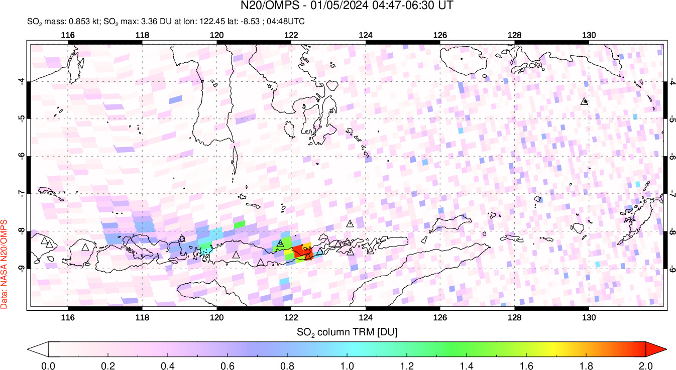 A sulfur dioxide image over Lesser Sunda Islands, Indonesia on Jan 05, 2024.