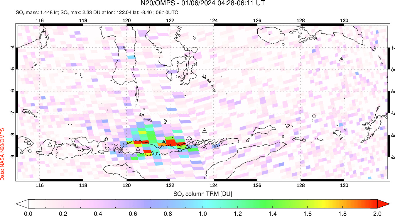 A sulfur dioxide image over Lesser Sunda Islands, Indonesia on Jan 06, 2024.