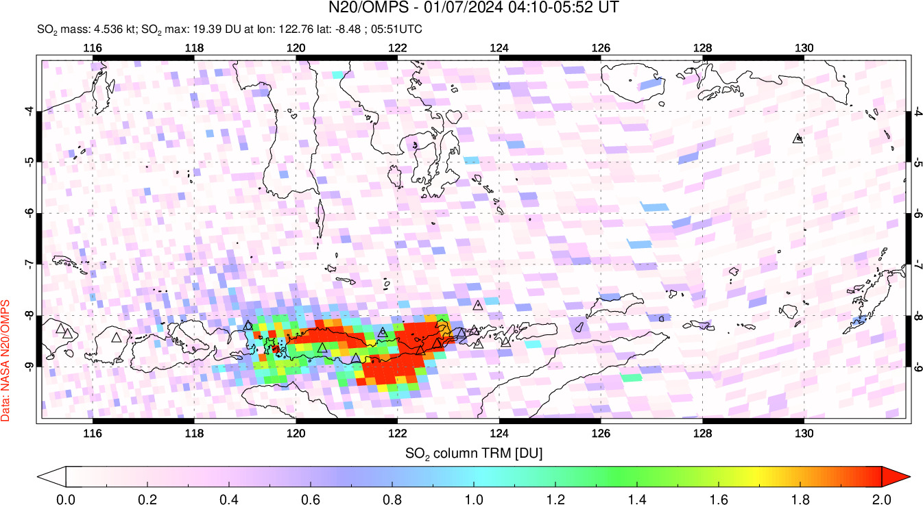 A sulfur dioxide image over Lesser Sunda Islands, Indonesia on Jan 07, 2024.