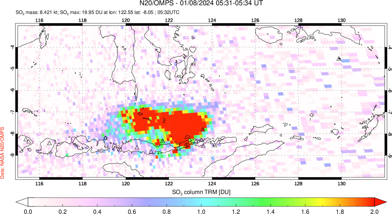 A sulfur dioxide image over Lesser Sunda Islands, Indonesia on Jan 08, 2024.