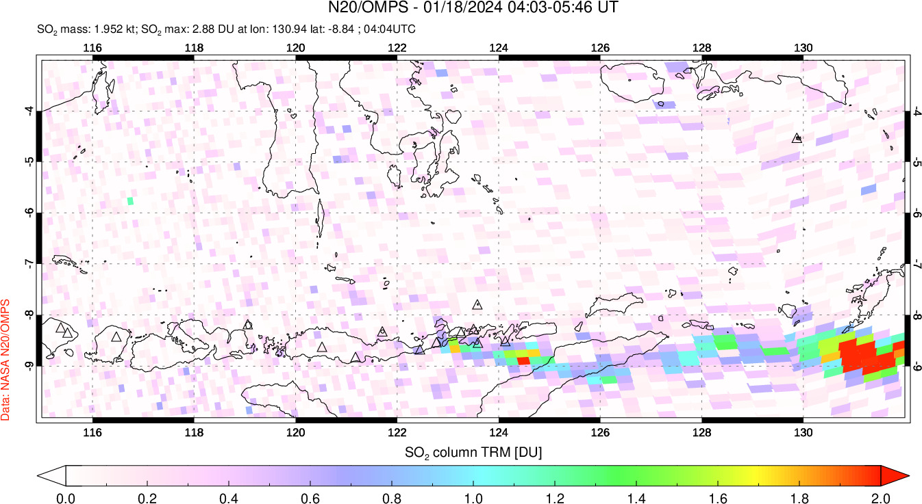 A sulfur dioxide image over Lesser Sunda Islands, Indonesia on Jan 18, 2024.