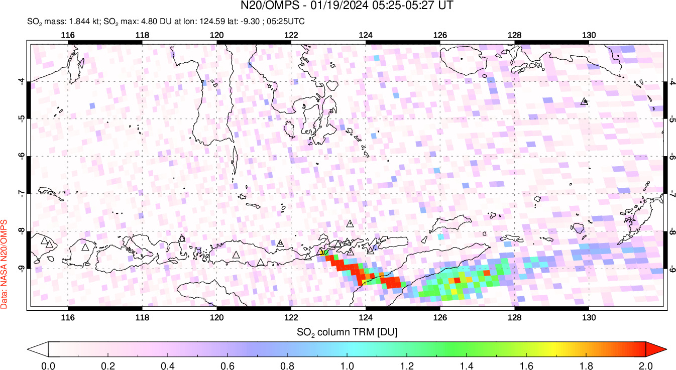 A sulfur dioxide image over Lesser Sunda Islands, Indonesia on Jan 19, 2024.