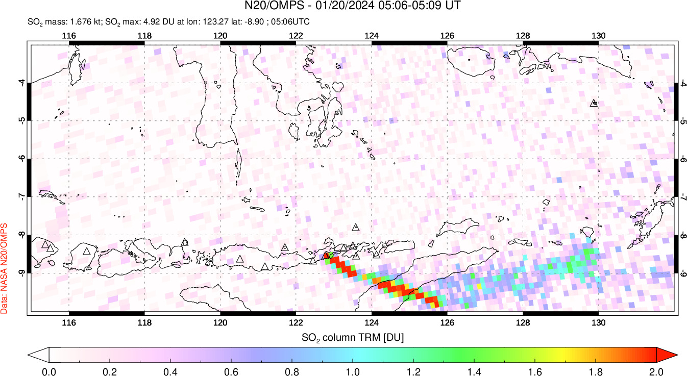 A sulfur dioxide image over Lesser Sunda Islands, Indonesia on Jan 20, 2024.