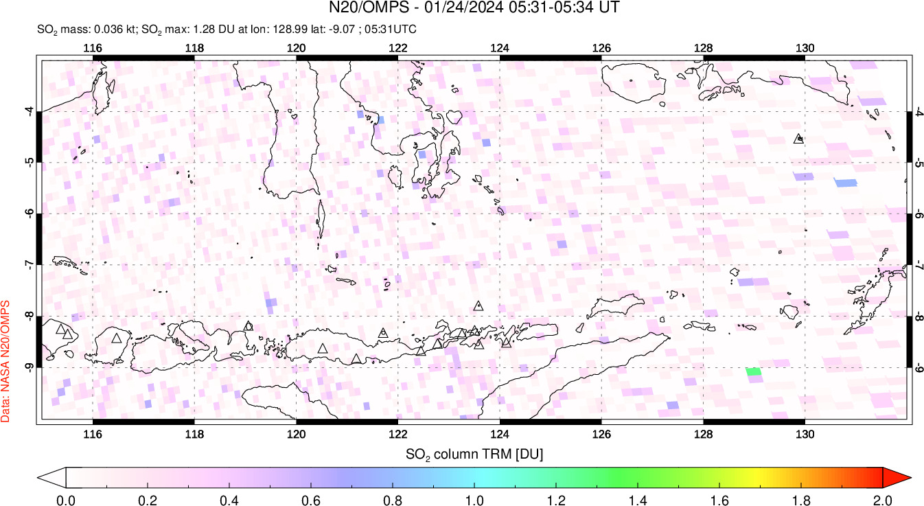 A sulfur dioxide image over Lesser Sunda Islands, Indonesia on Jan 24, 2024.