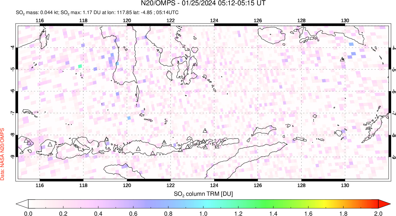 A sulfur dioxide image over Lesser Sunda Islands, Indonesia on Jan 25, 2024.