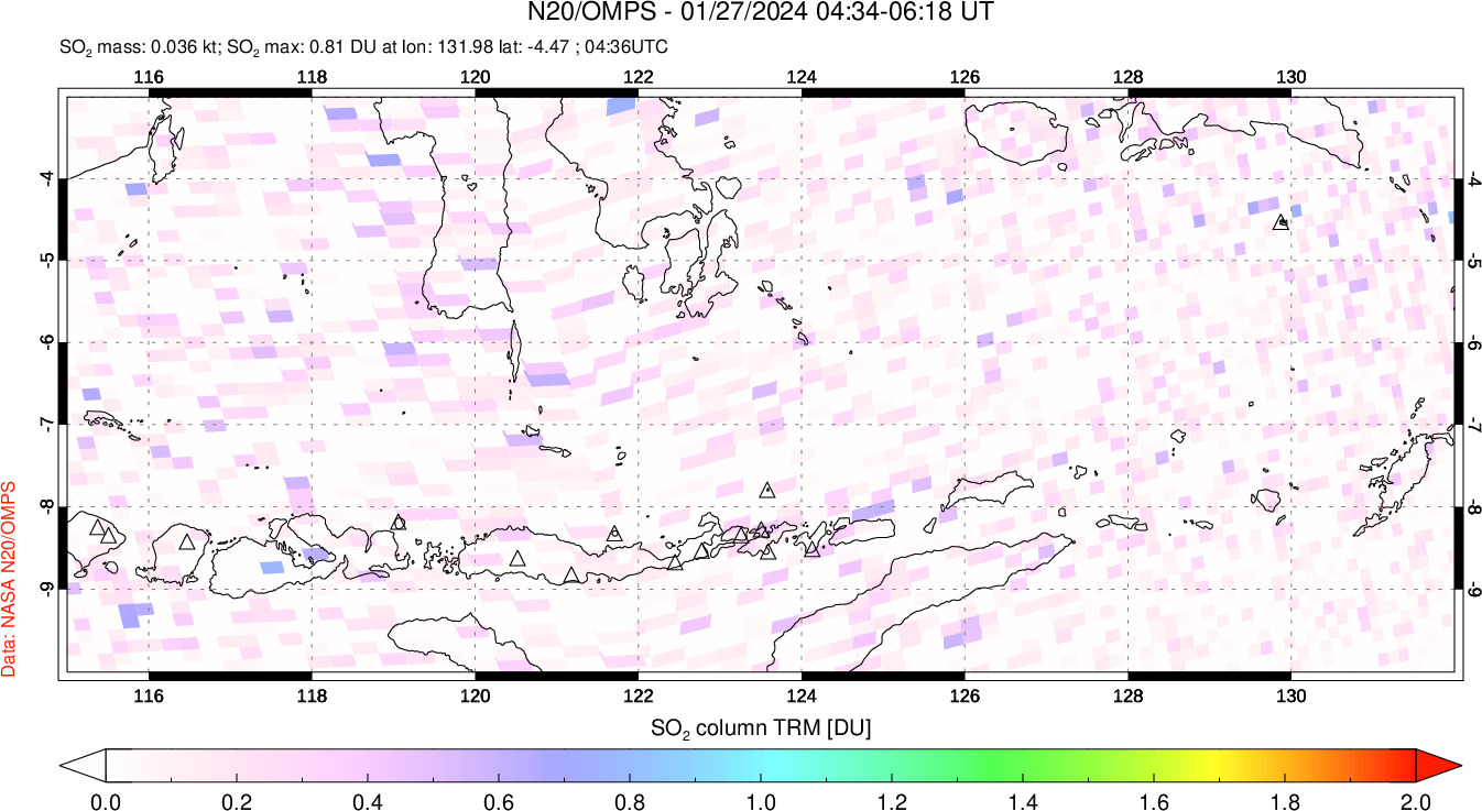 A sulfur dioxide image over Lesser Sunda Islands, Indonesia on Jan 27, 2024.